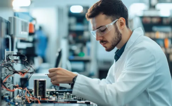 Ingeniero mecánico eléctrico realizando pruebas en componentes electrónicos y circuitos en un laboratorio especializado