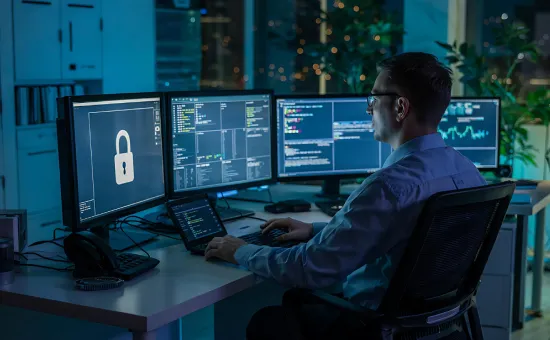 Especialista en ciberseguridad analizando datos en múltiples pantallas